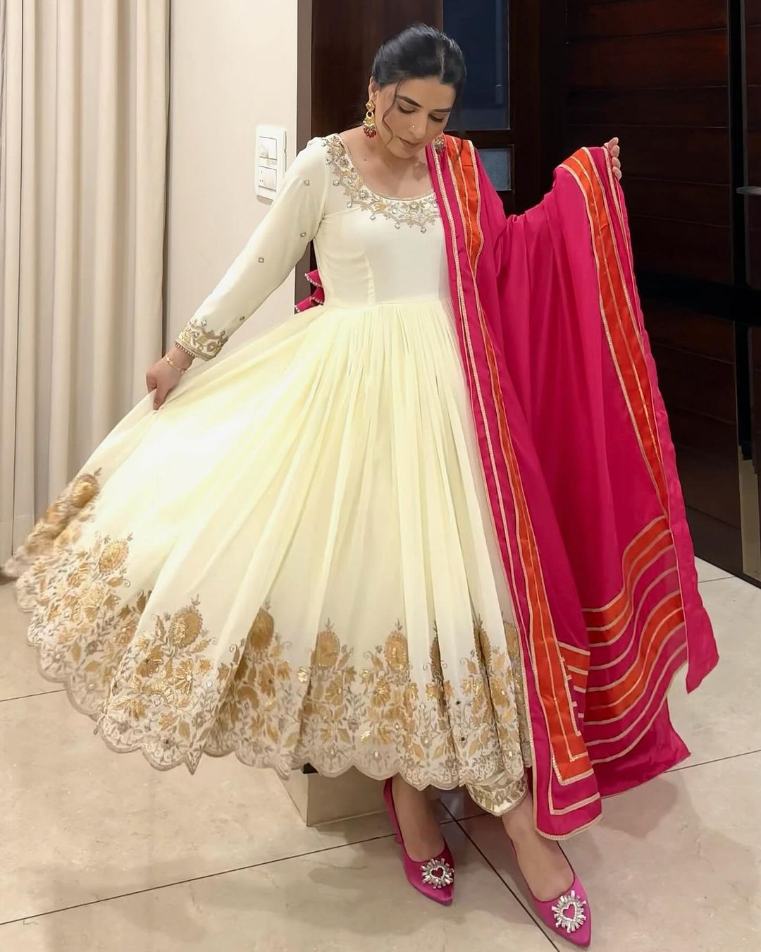 Festive Wear White Color Gown With Red Dupatta – Amrutamfab