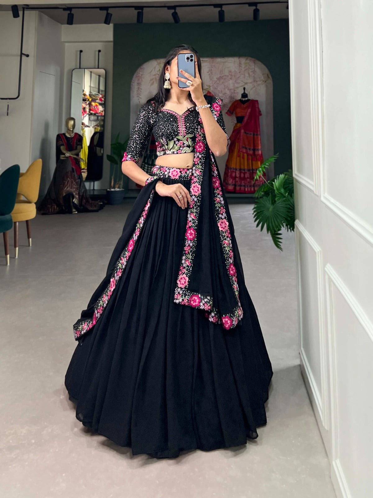 Beautiful Plain Black Lehenga With Sequence Work Blouse Amrutamfab