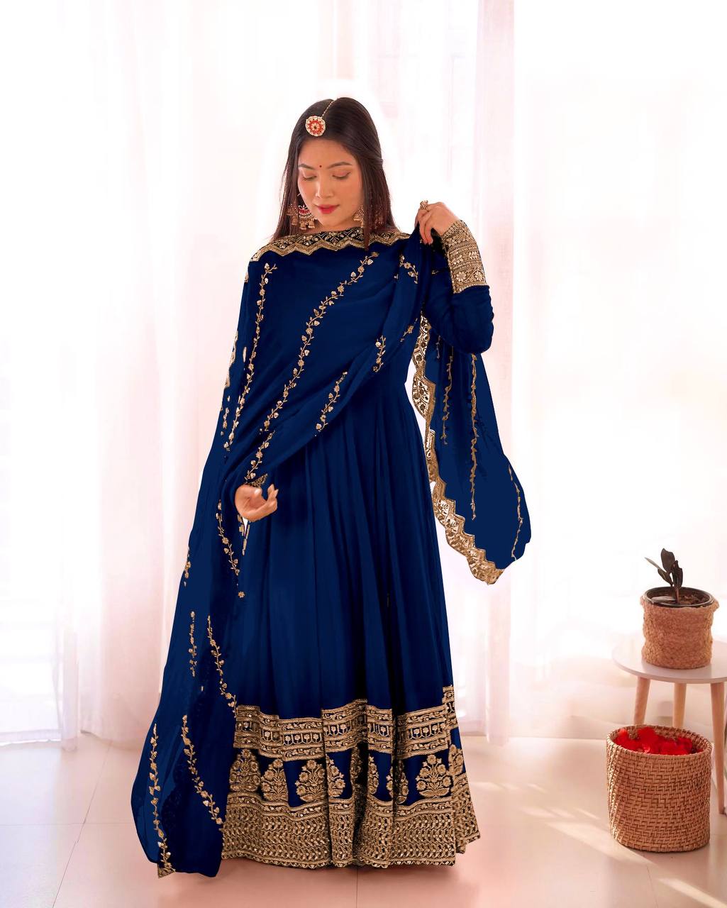 Wedding Wear Blue Embroidery Sequence Work Gown