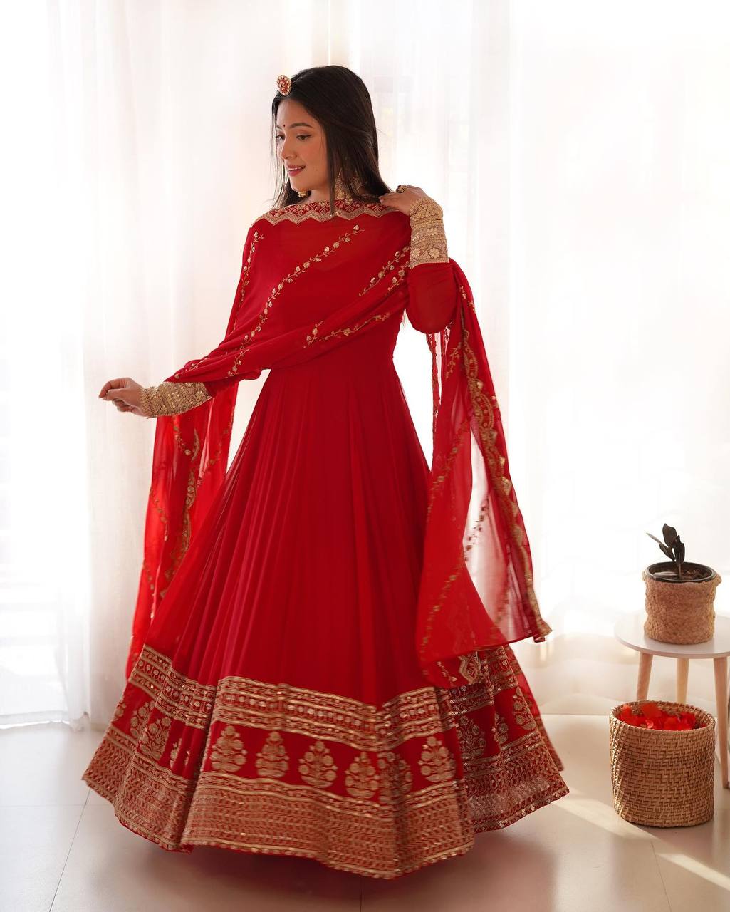 Wedding Wear Red Embroidery Sequence Work Gown