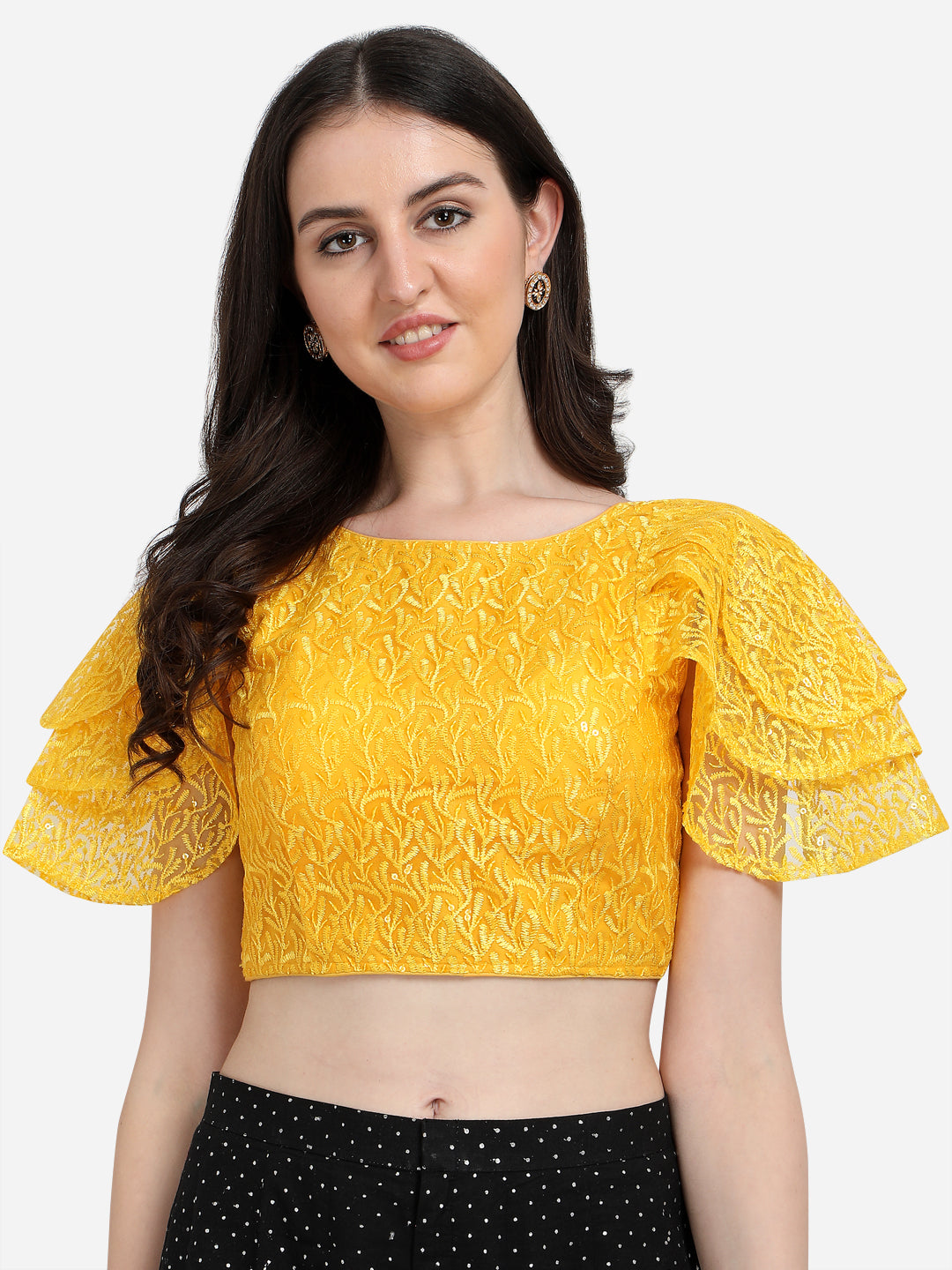 Yellow Frill Knit Puff Sleeve cheapest Blouse with Ribbon