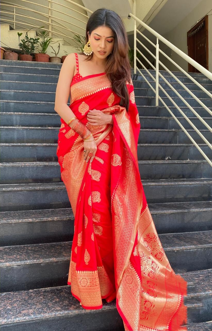 Red Color Soft Lichi Silk New Design Golden Jari All Over the Body With  Heavy Jacquard Border Saree With Blouse South Indian Wedding Saree 