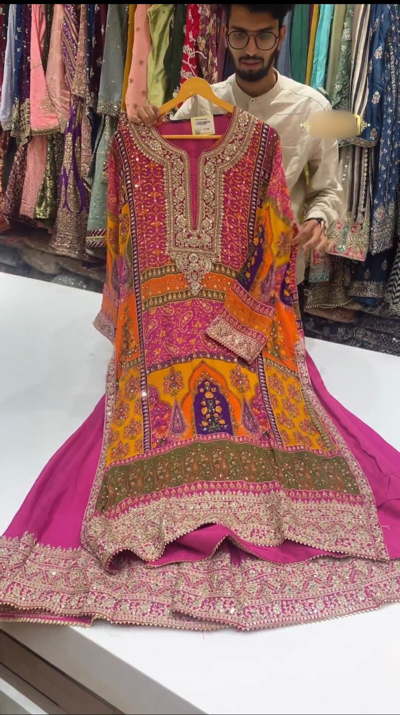 Fantastic Multi Design Pattern Pink Color Sharara Suit Amrutamfab