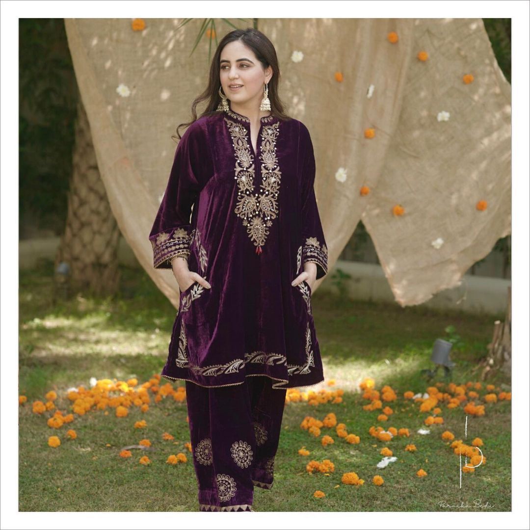 Wine color Velvet Plazoo shops Suit with embroidery