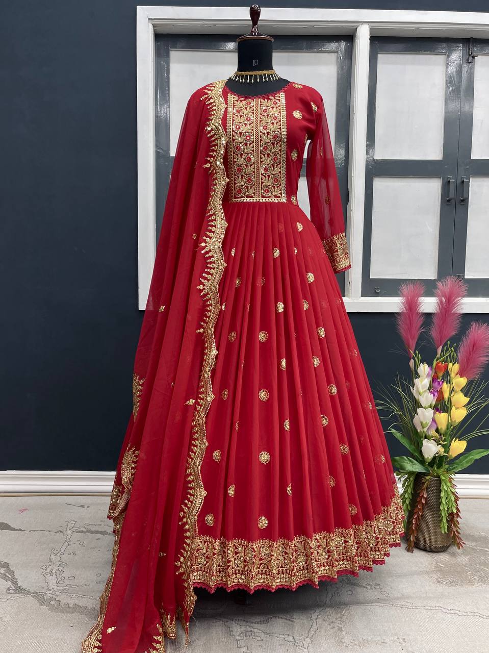 Wonderful Red Color Embroidery Work Party Wear Gown – Amrutamfab