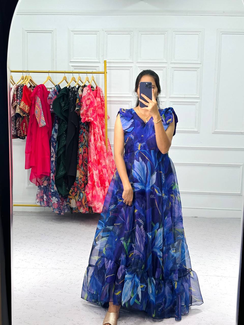 Digital Print Blue Color Organza Gown Amrutamfab