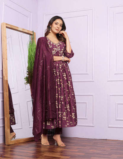 Aalia Cut Wine Color Kurta Set With Dupatta