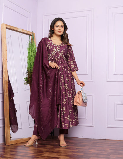 Aalia Cut Wine Color Kurta Set With Dupatta