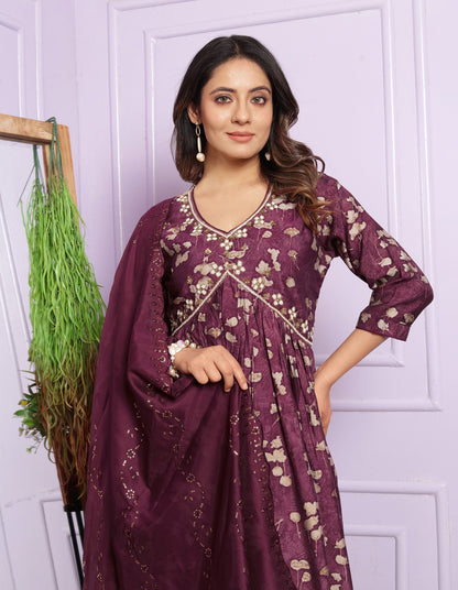 Aalia Cut Wine Color Kurta Set With Dupatta