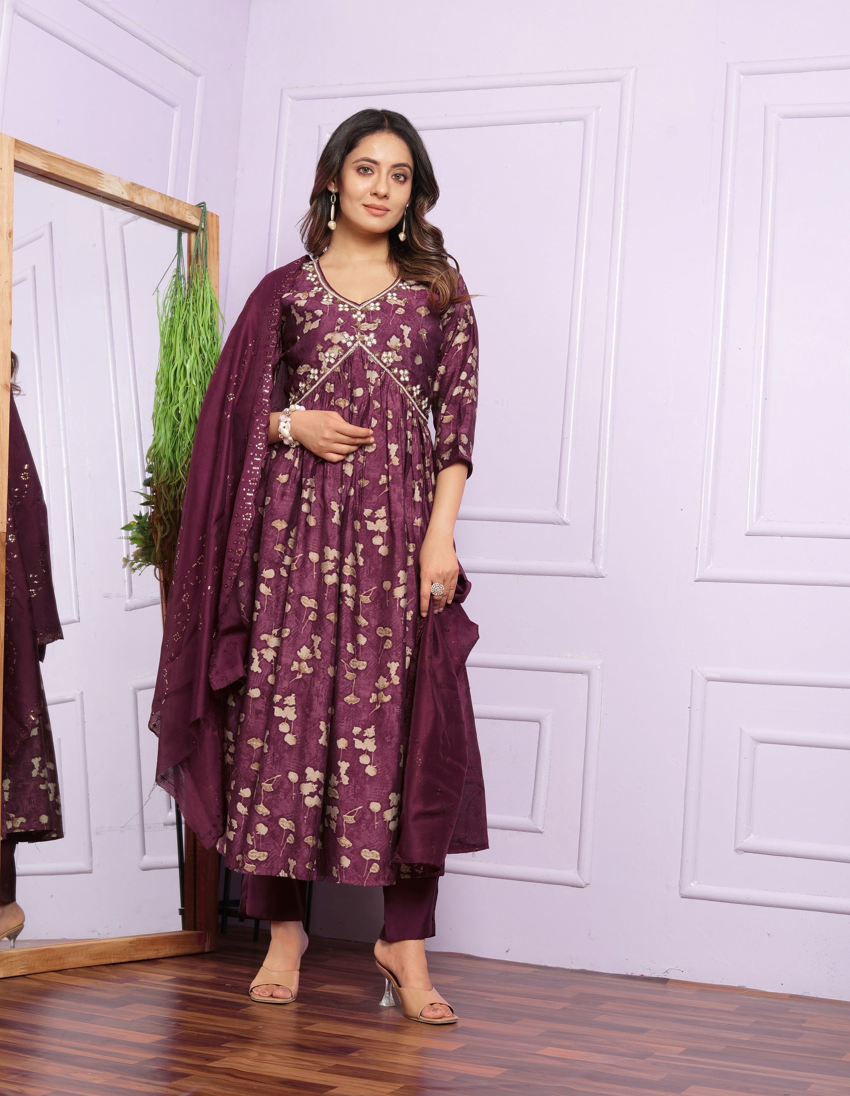 Aalia Cut Wine Color Kurta Set With Dupatta