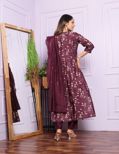 Aalia Cut Wine Color Kurta Set With Dupatta