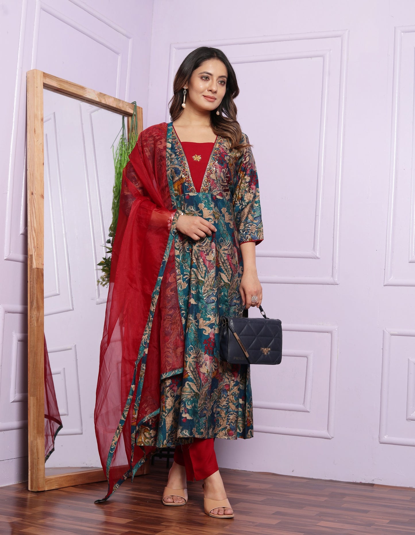 Multi Print Blue With Red V Neck Round Kurti Pair