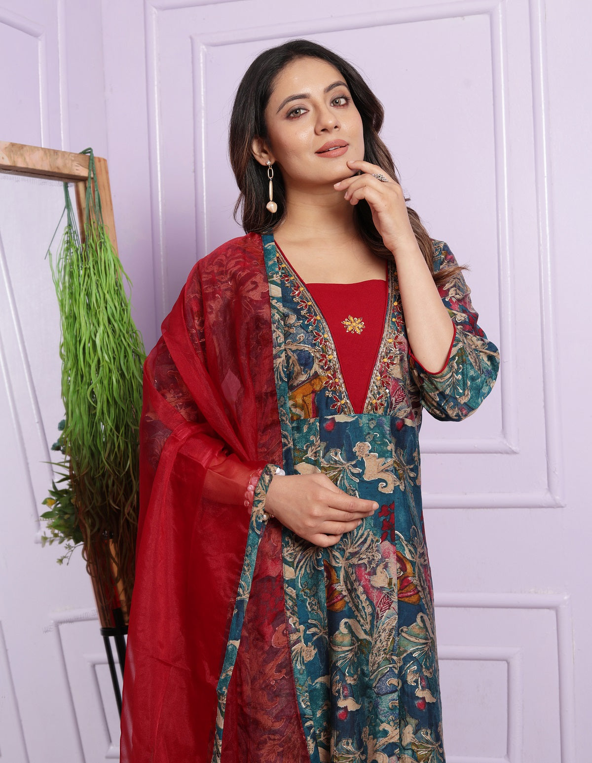 Multi Print Blue With Red V Neck Round Kurti Pair