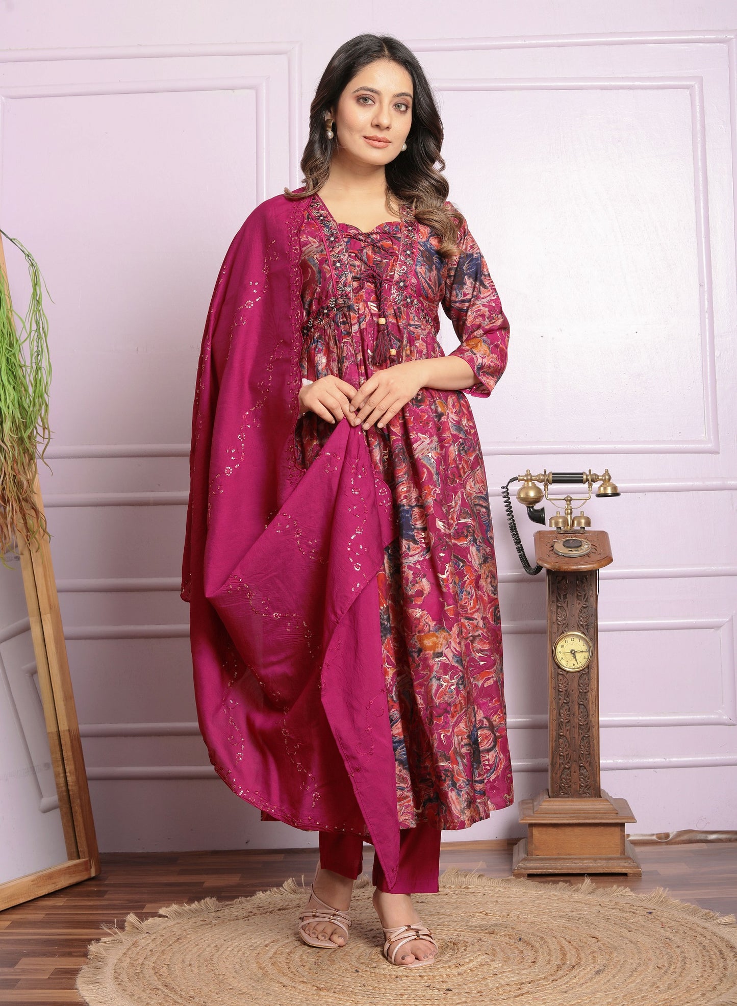 Rani Pink Color Round Kurti With Pent And Dupatta