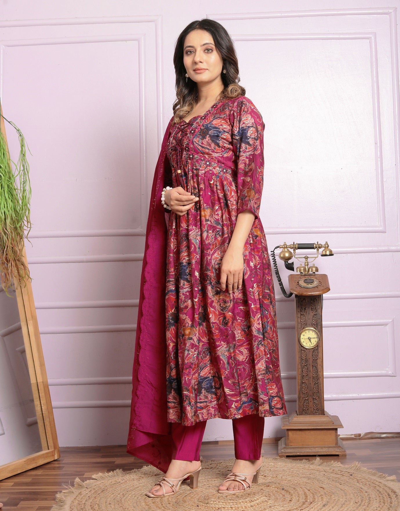 Rani Pink Color Round Kurti With Pent And Dupatta