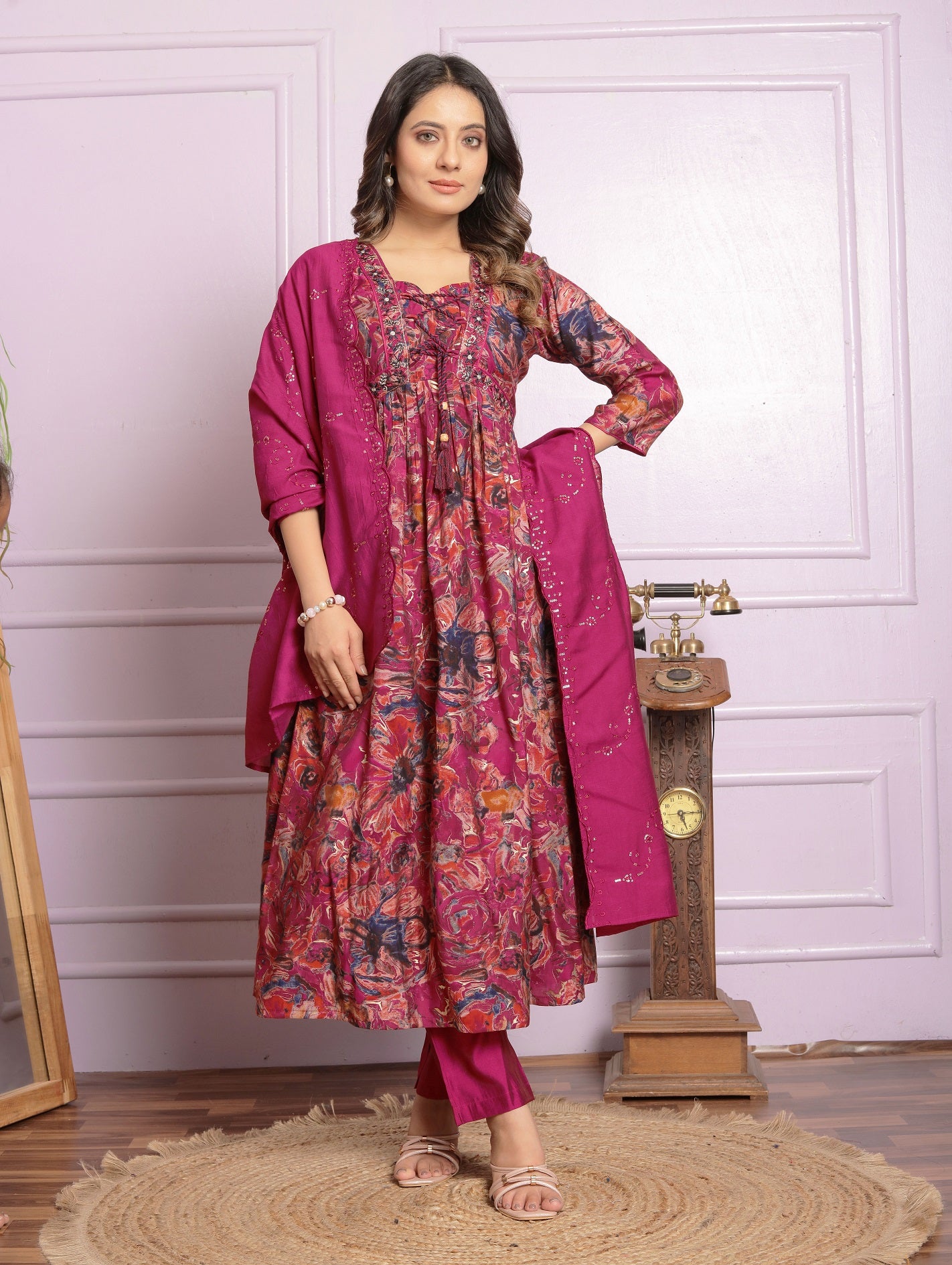 Rani Pink Color Round Kurti With Pent And Dupatta