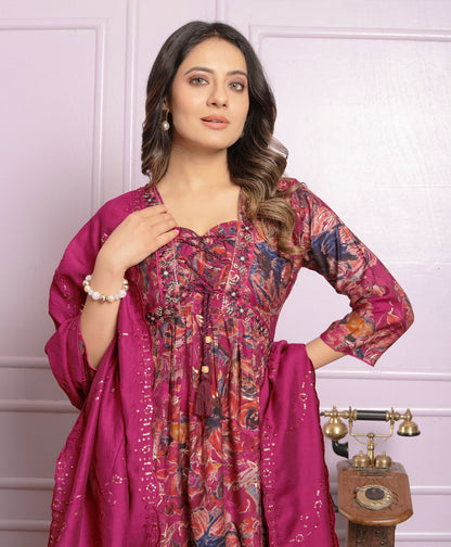 Rani Pink Color Round Kurti With Pent And Dupatta