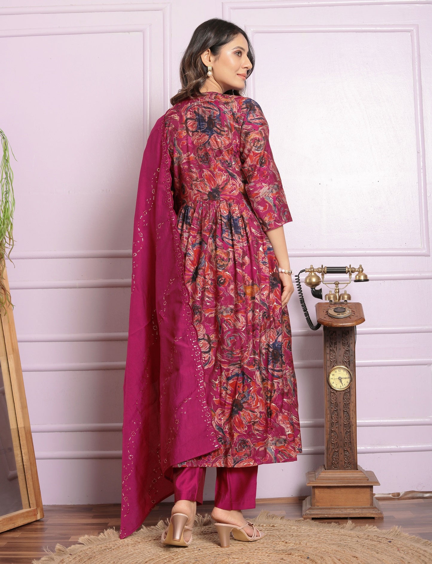 Rani Pink Color Round Kurti With Pent And Dupatta