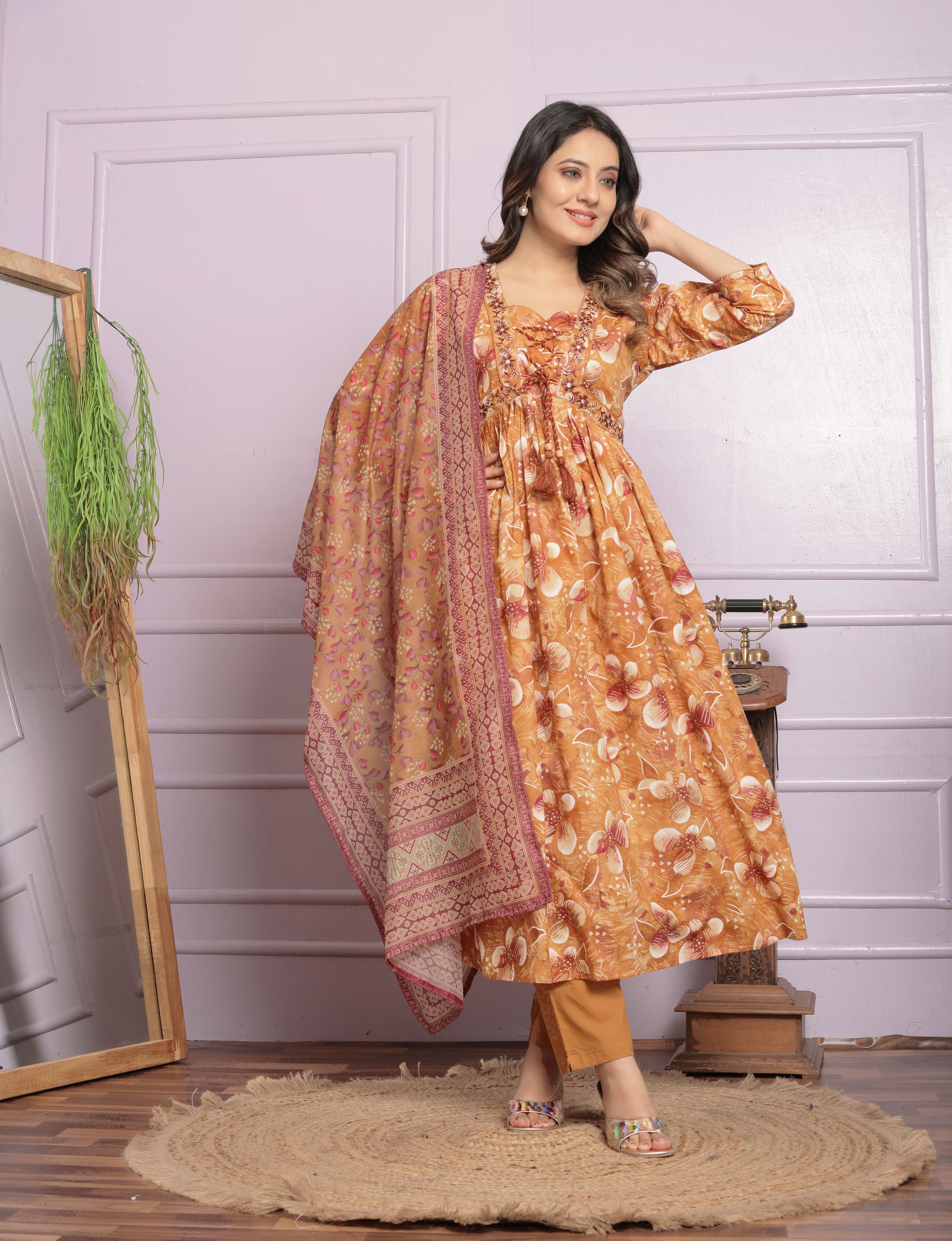 Fancy Neck Pattern Mustard Color Round Kurti Pair