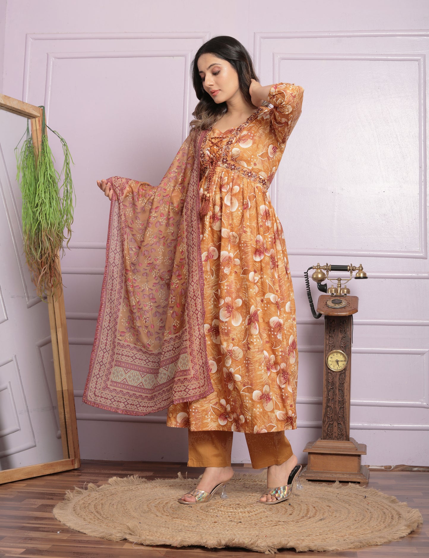 Fancy Neck Pattern Mustard Color Round Kurti Pair