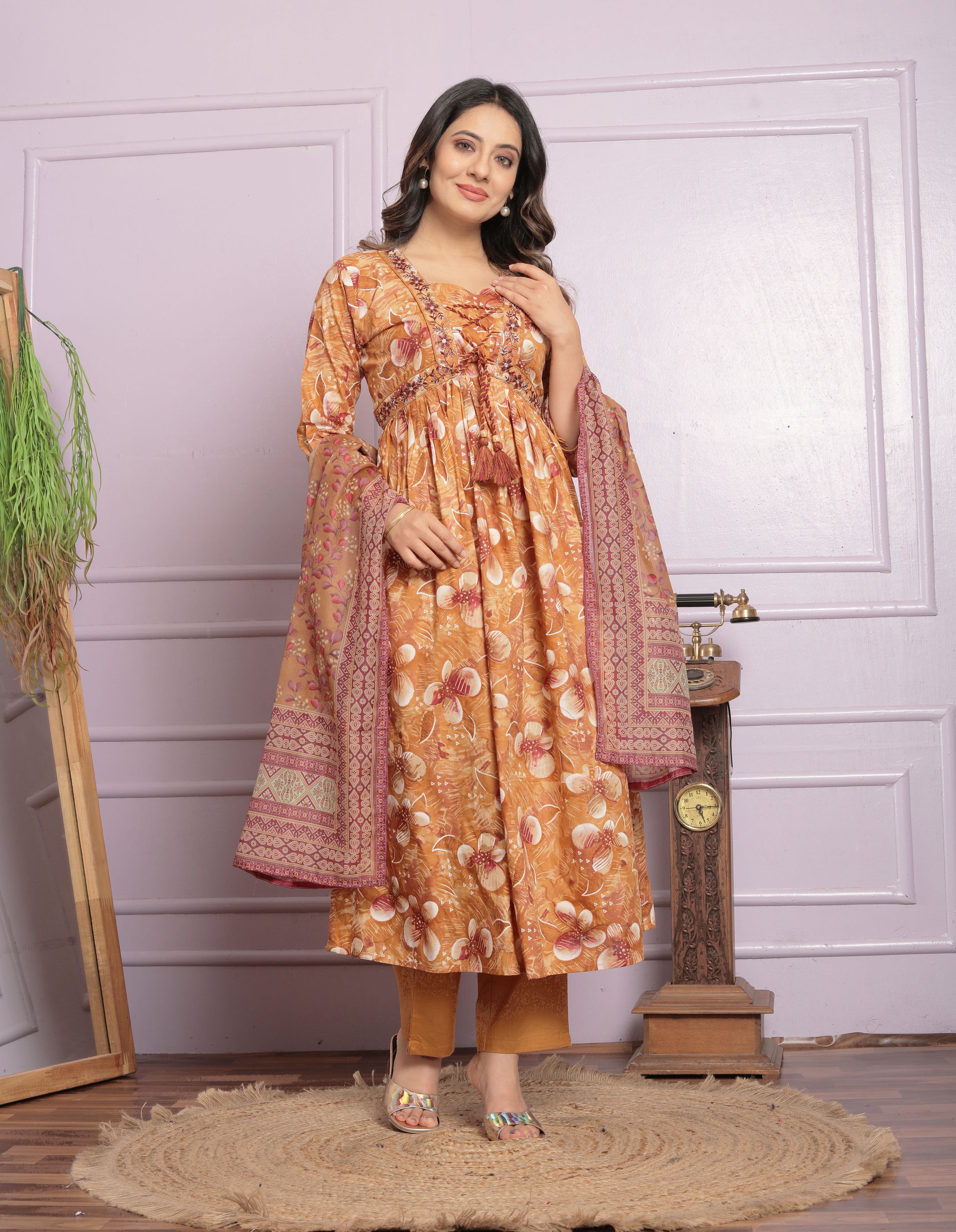 Fancy Neck Pattern Mustard Color Round Kurti Pair