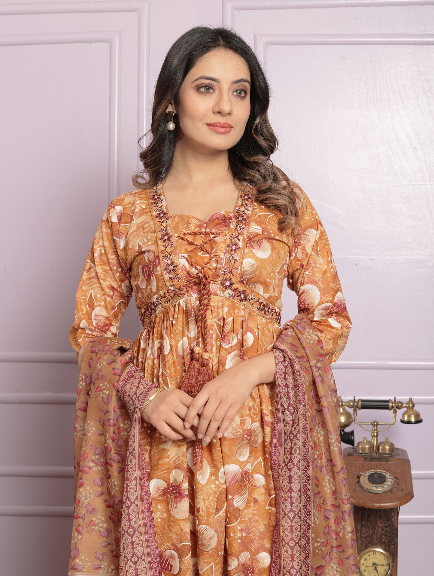 Fancy Neck Pattern Mustard Color Round Kurti Pair