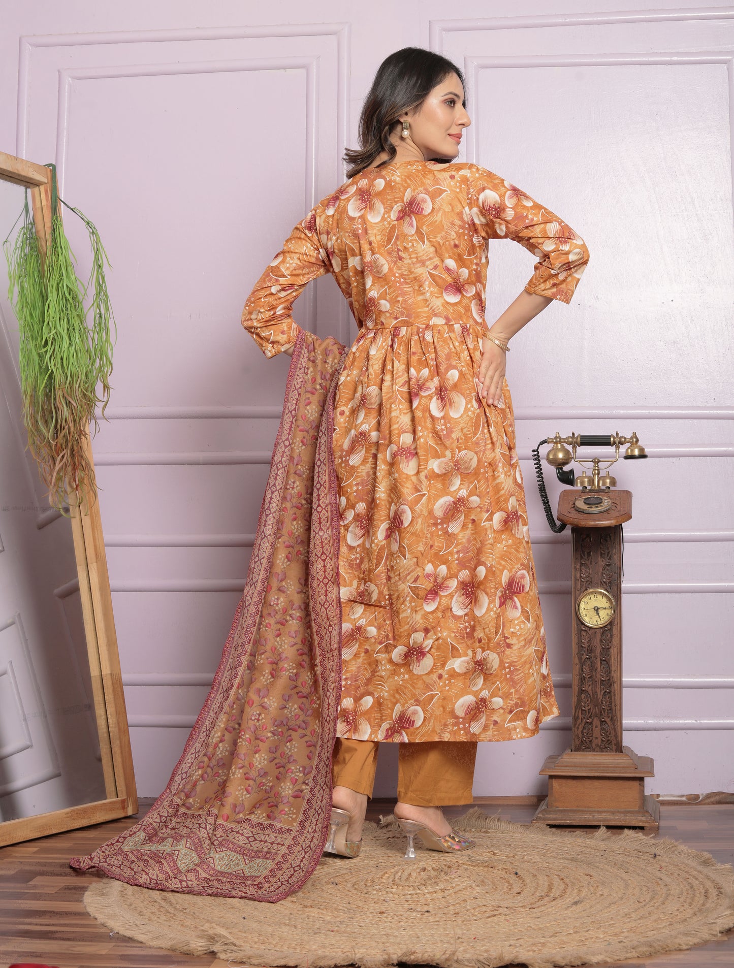 Fancy Neck Pattern Mustard Color Round Kurti Pair