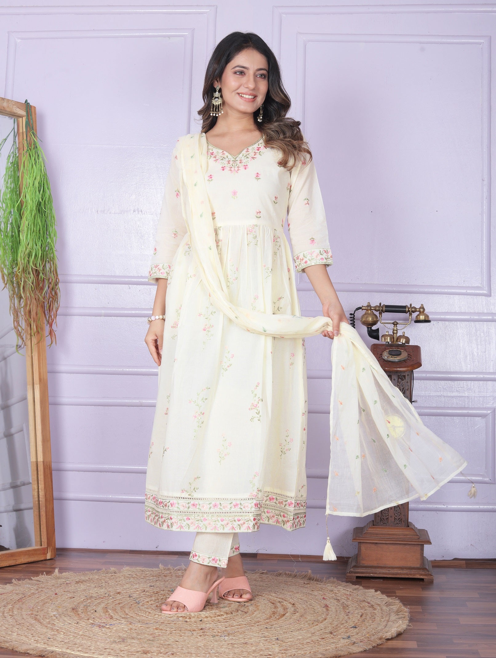 Classic Off White Color Embroidery Work Flair Kurta Set