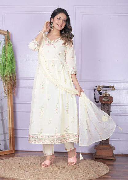 Classic Off White Color Embroidery Work Flair Kurta Set