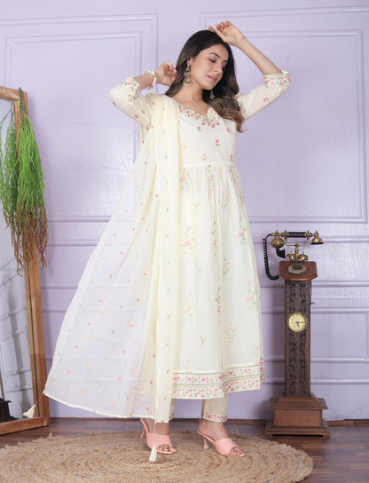 Classic Off White Color Embroidery Work Flair Kurta Set