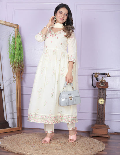 Classic Off White Color Embroidery Work Flair Kurta Set