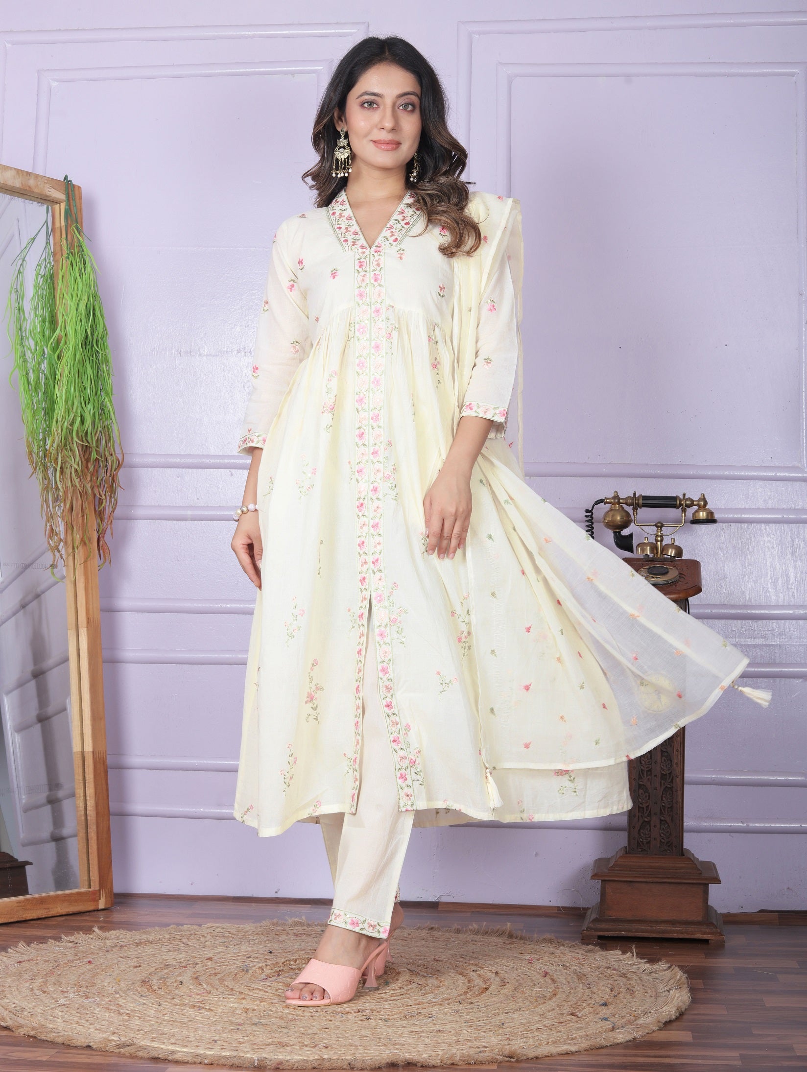 Nayra Center Cut Off White Color Work Kurti Pair