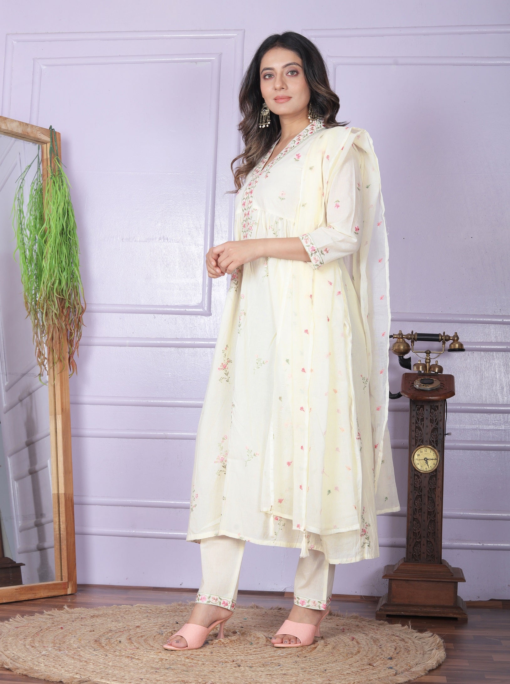 Nayra Center Cut Off White Color Work Kurti Pair