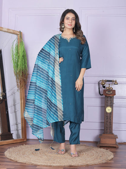 Teal Blue Straight Kurti With Pent And Leheriya Dupatta