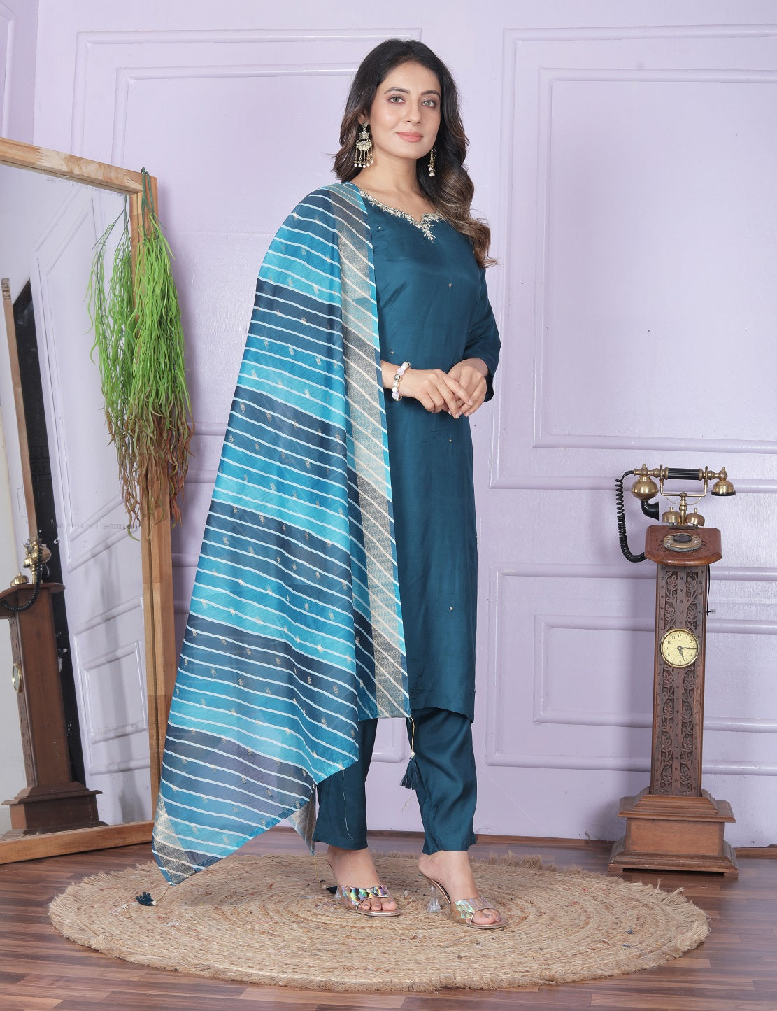 Teal Blue Straight Kurti With Pent And Leheriya Dupatta