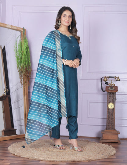 Teal Blue Straight Kurti With Pent And Leheriya Dupatta