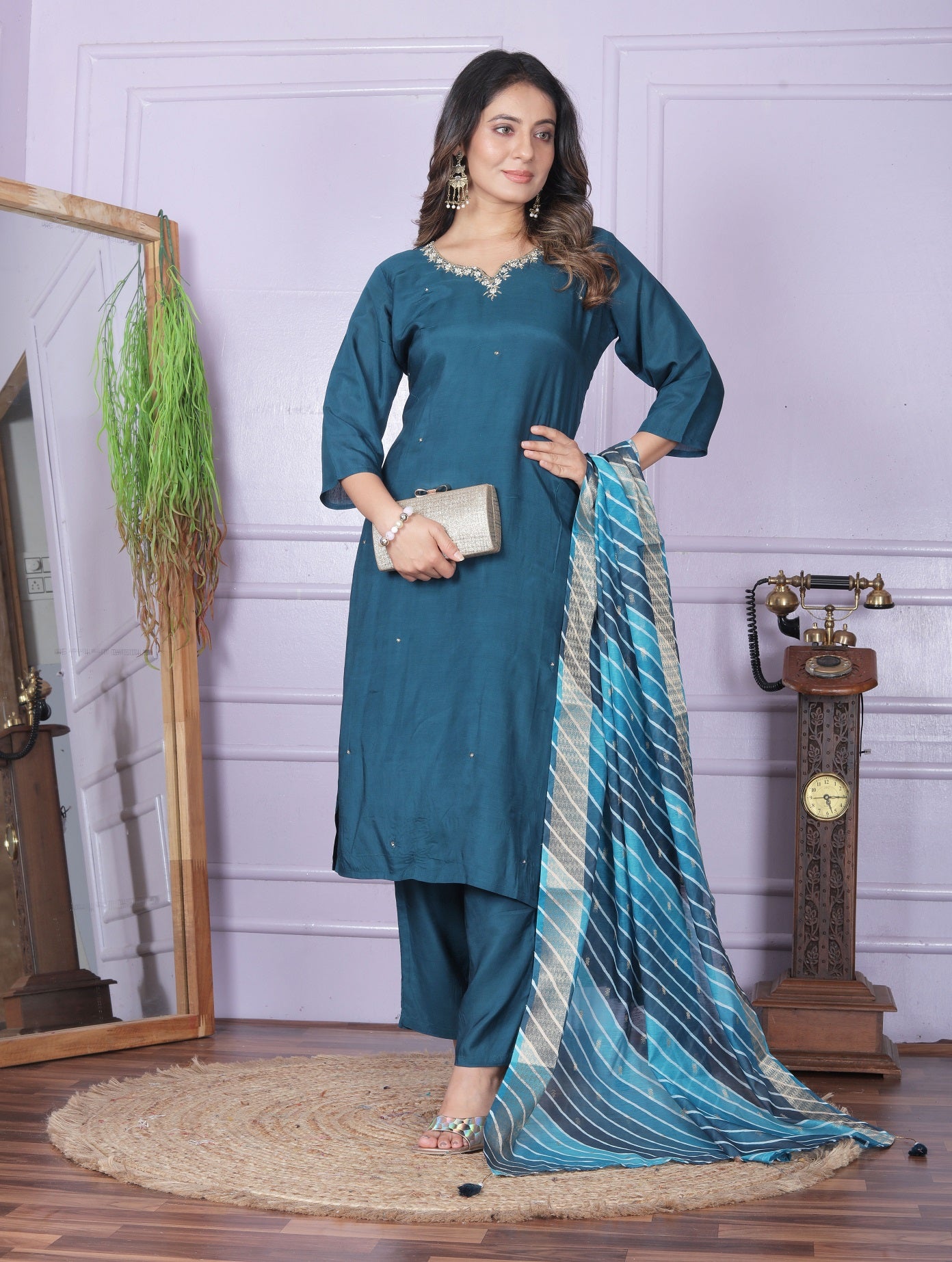 Teal Blue Straight Kurti With Pent And Leheriya Dupatta