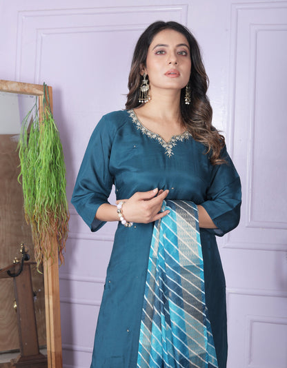 Teal Blue Straight Kurti With Pent And Leheriya Dupatta