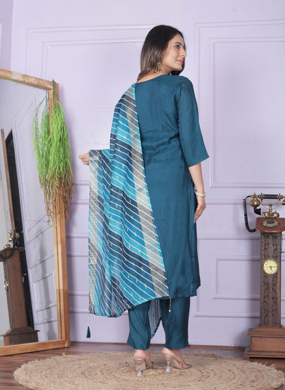 Teal Blue Straight Kurti With Pent And Leheriya Dupatta