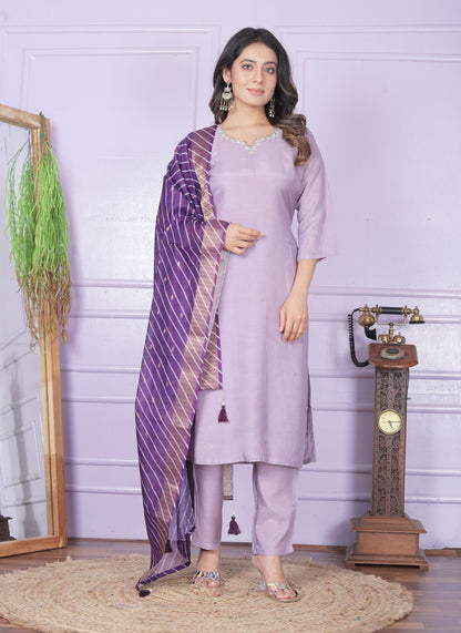 Lavender Straight Kurti With Pent And Leheriya Dupatta