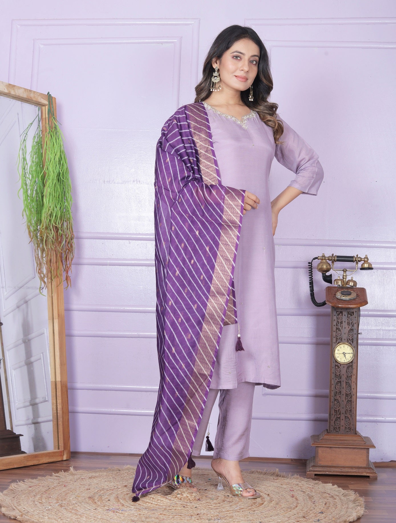 Lavender Straight Kurti With Pent And Leheriya Dupatta