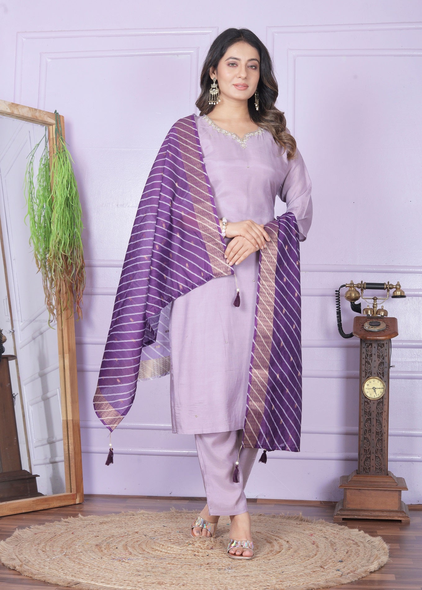 Lavender Straight Kurti With Pent And Leheriya Dupatta