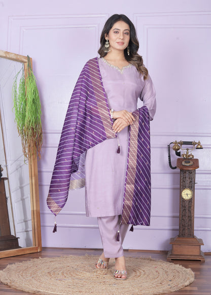 Lavender Straight Kurti With Pent And Leheriya Dupatta