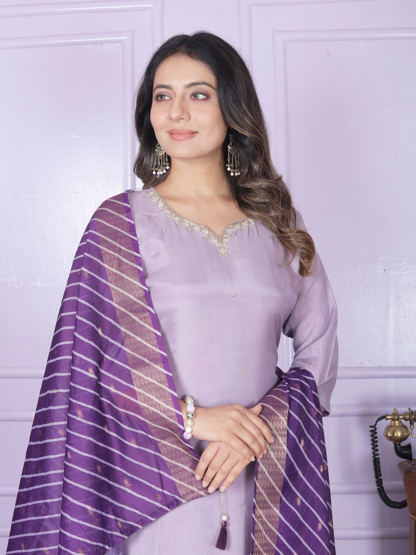 Lavender Straight Kurti With Pent And Leheriya Dupatta