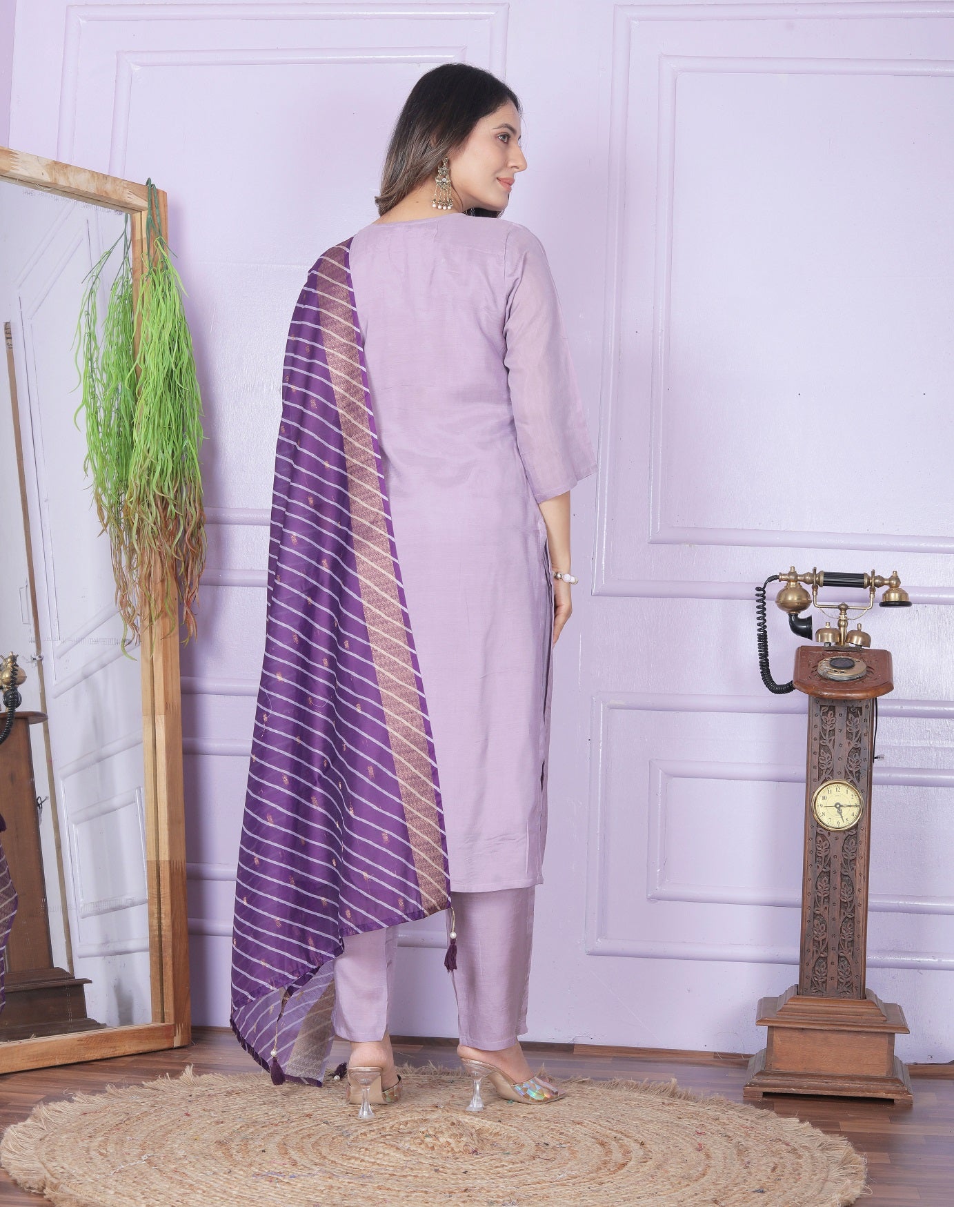 Lavender Straight Kurti With Pent And Leheriya Dupatta