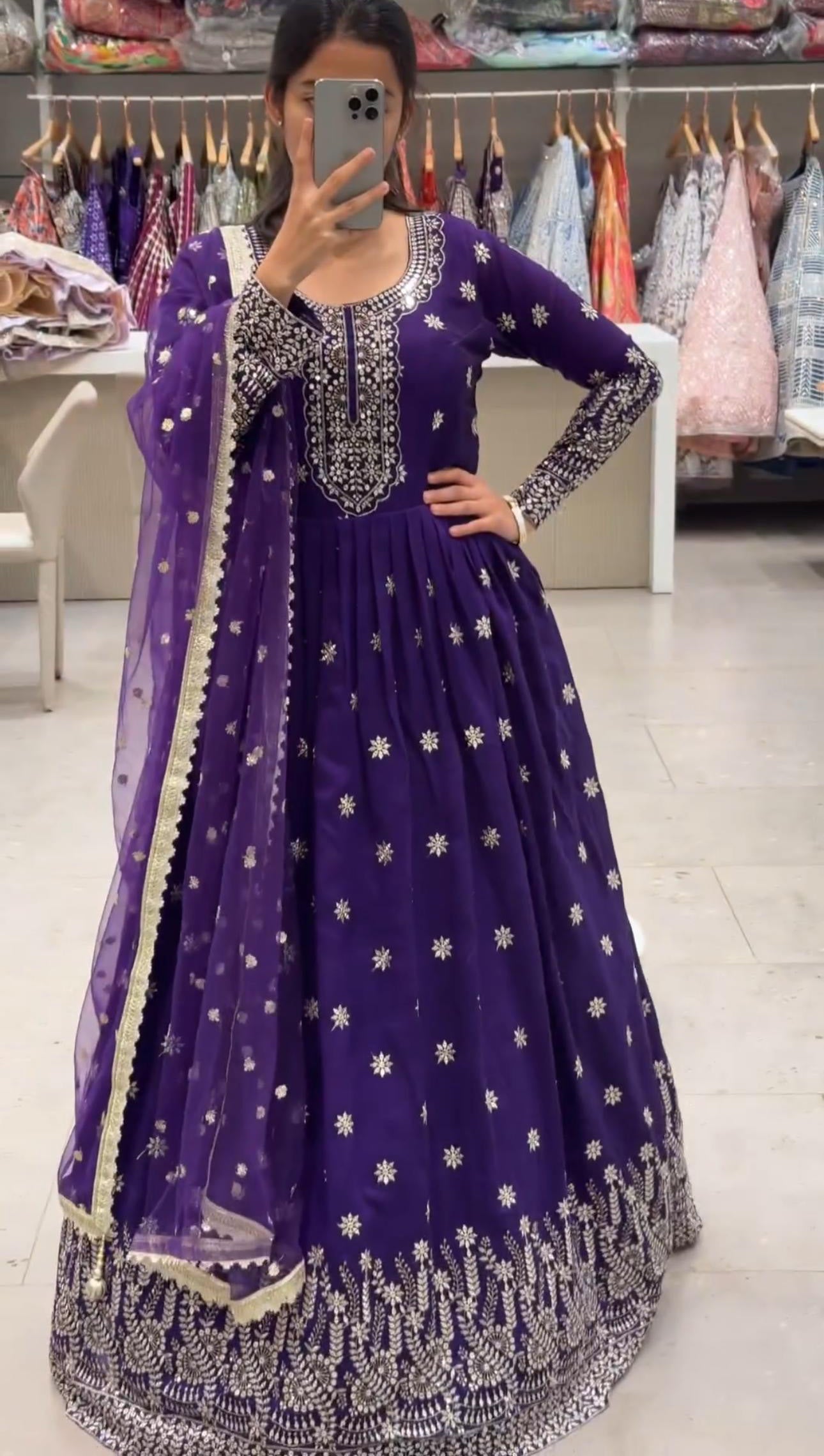 Eyes Catching Purple Color Embroidery Work Gown