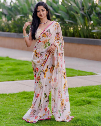 Casual Wear White Color Flower Design Saree