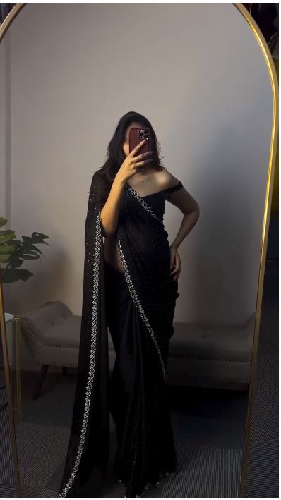 Party Wear Diamond Work Black Saree