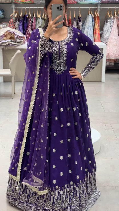 Eyes Catching Purple Color Embroidery Work Gown