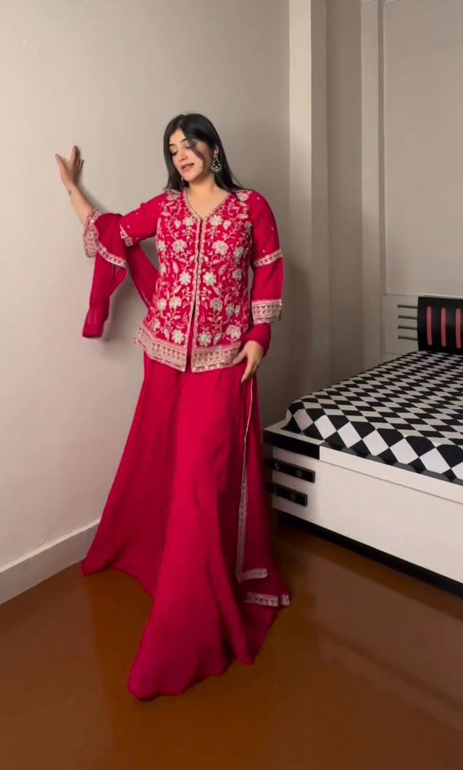 Outstanding Work Pink Color Palazzo With Top